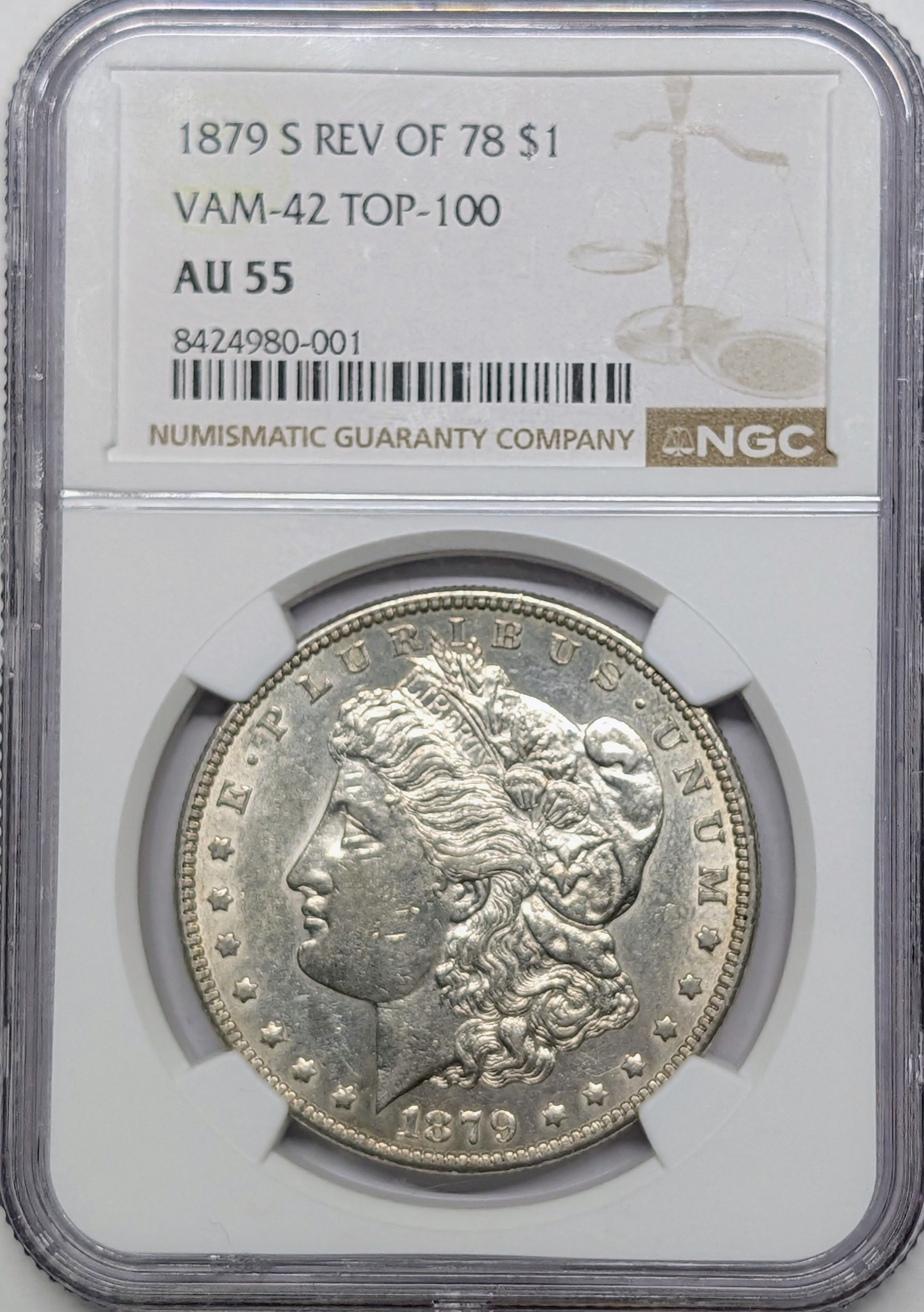 1879 S Rev 78 AU55 NGC Morgan Dollar Vam 42 with PL reverse